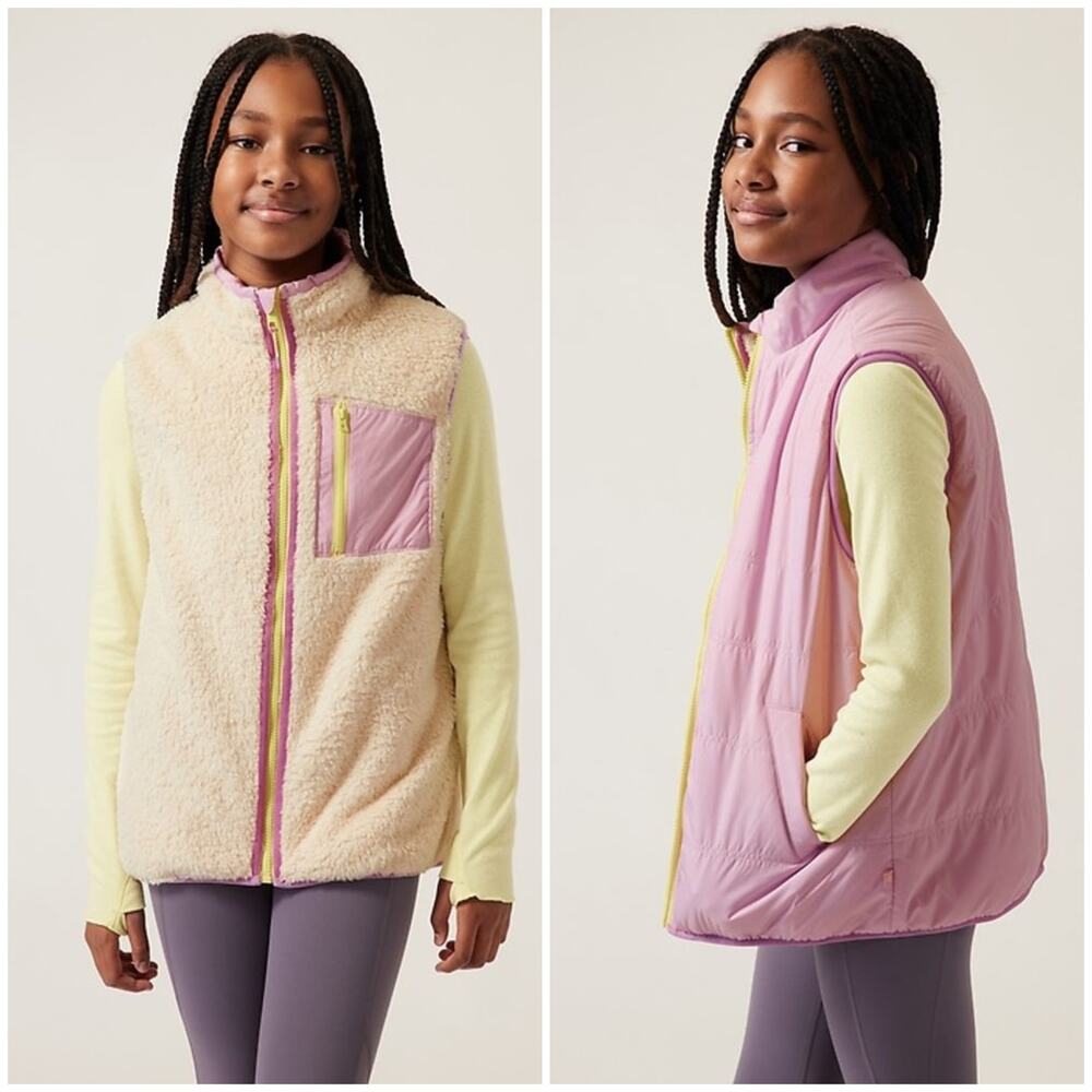 Athleta Girls So Toasty Reversible Sherpa Vest Size 8-10 Purple Cream